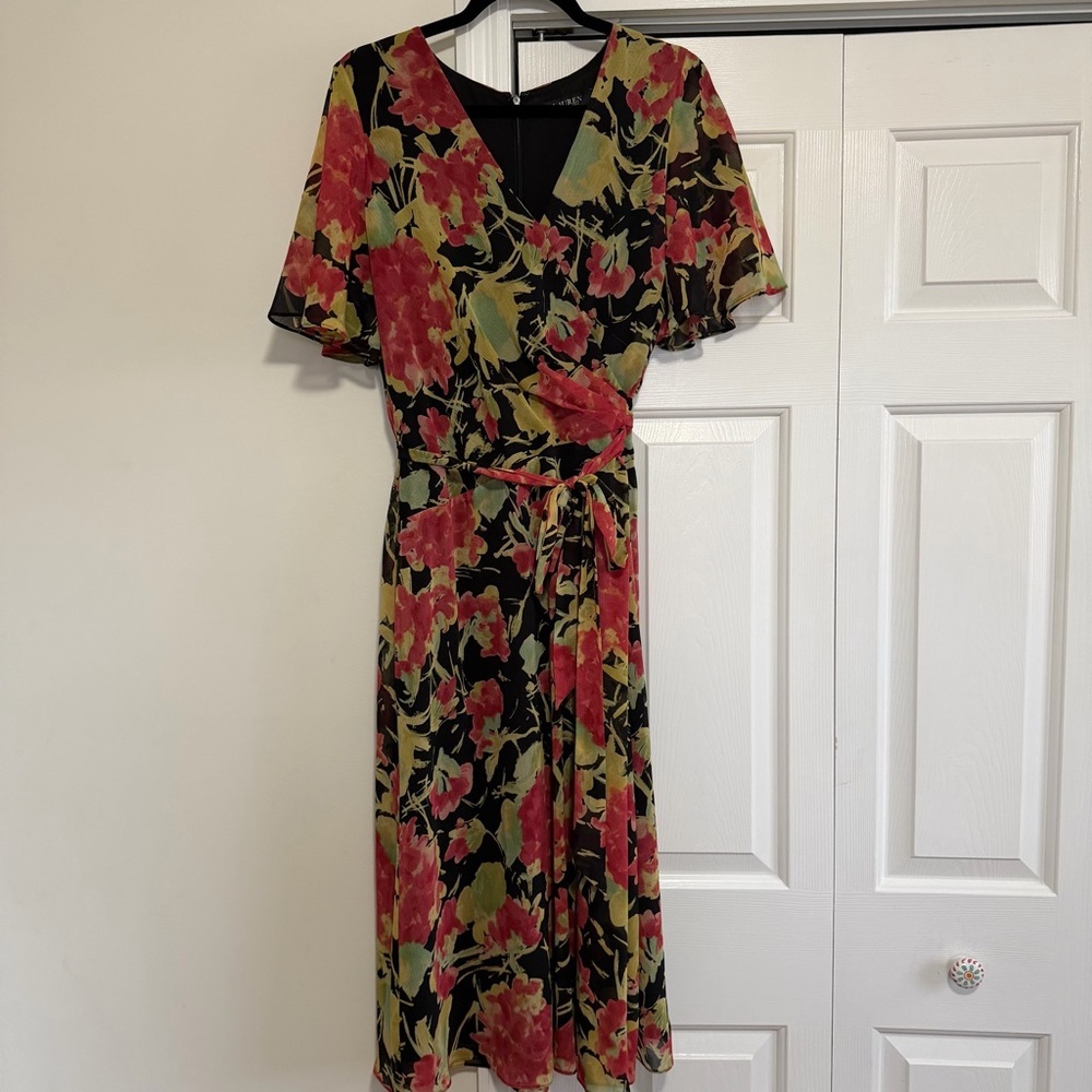 Lauren Ralph Lauren Short Sleeve Faux Wrap Black Pink Dress Size 14 - Picture 1 of 13